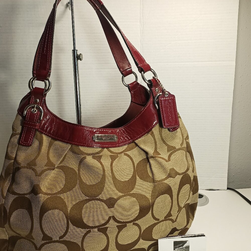 Coach Madison Large Red Brown Shoulder Bag Purse Signature Canvas Leather Straps